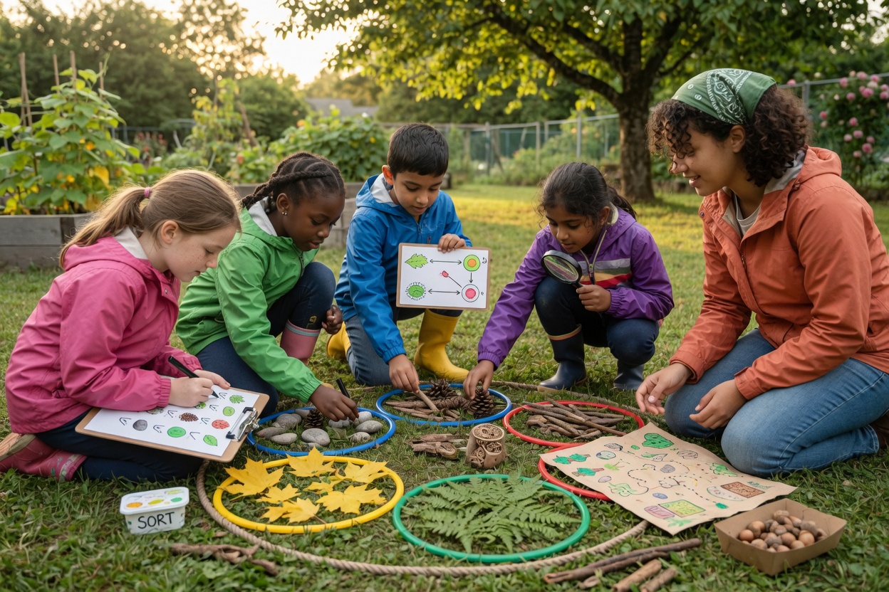 Kinder beim kooperativen Natur-Lernspiel im Schulgarten: Fünf 6-10-Jährige und eine Pädagogin sortieren Blätter, Zapfen
